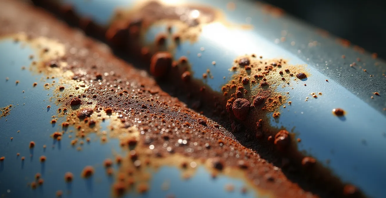 Macro détail d'une surface chromée avec rouille de surface et oxydation pour diagnostic technique