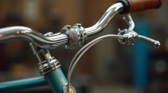 Gros plan détaillé d'un guidon Solex chromé vintage avec traces de rouille légère et patine d'époque dans un environnement d'atelier professionnel