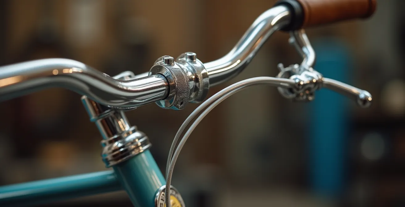 Gros plan détaillé d'un guidon Solex chromé vintage avec traces de rouille légère et patine d'époque dans un environnement d'atelier professionnel