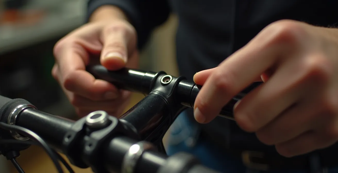 Mains expertes d'un technicien guidant les câbles de frein à travers les gaines Solex avec éclairage atelier professionnel