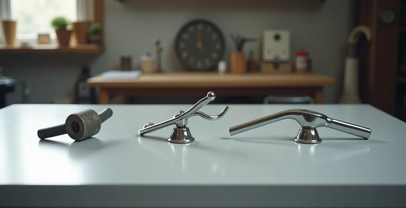 Affichage organisé de composants Solex d'origines différentes arrangés pour comparaison dans un espace atelier minimal